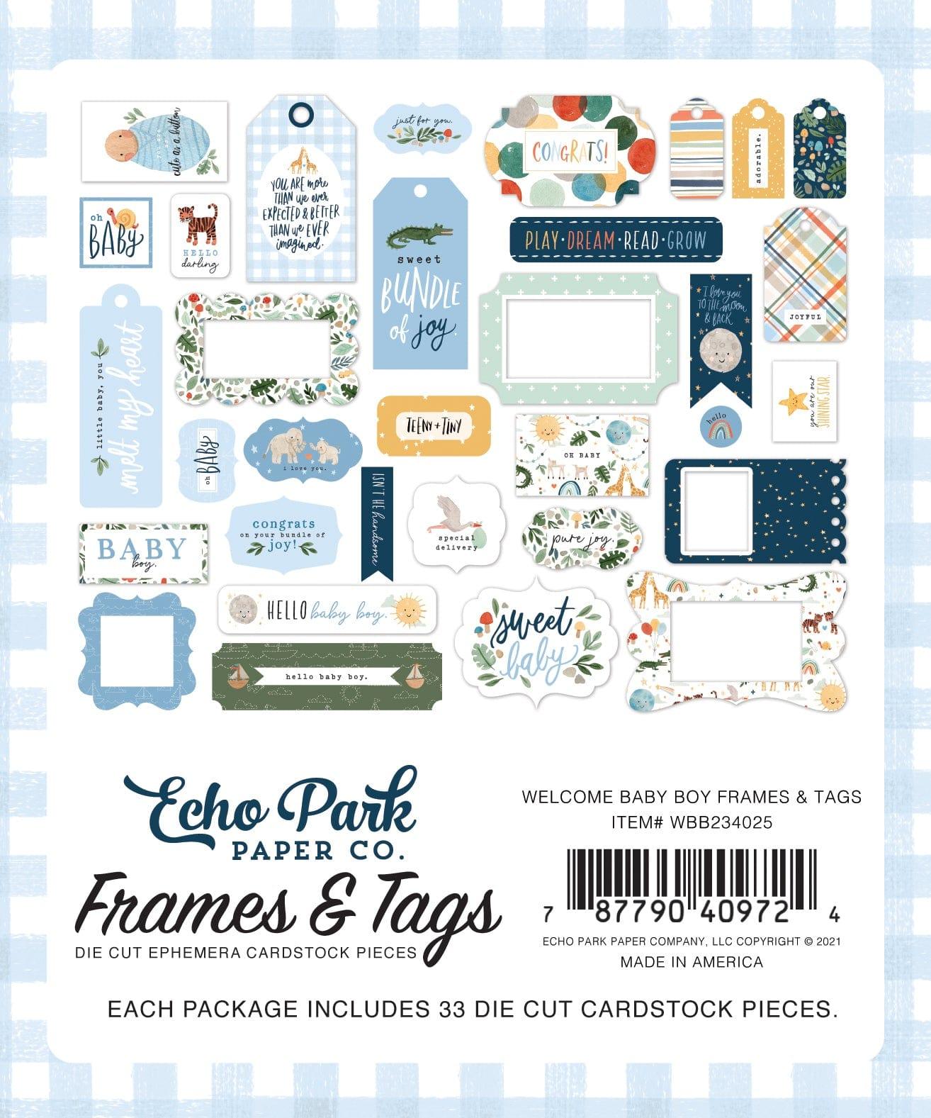 Welcome Baby Boy Collection 5 x 5 Frames & Tags Die Cut Scrapbook Embellishments by Echo Park Paper - Scrapbook Supply Companies
