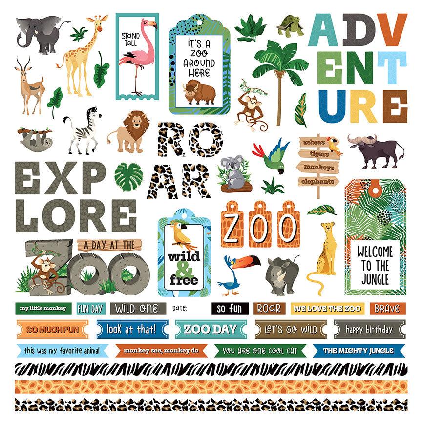 A Day At The Zoo Collection 12 x 12 Cardstock Scrapbook Sticker Sheet by Photo Play Paper