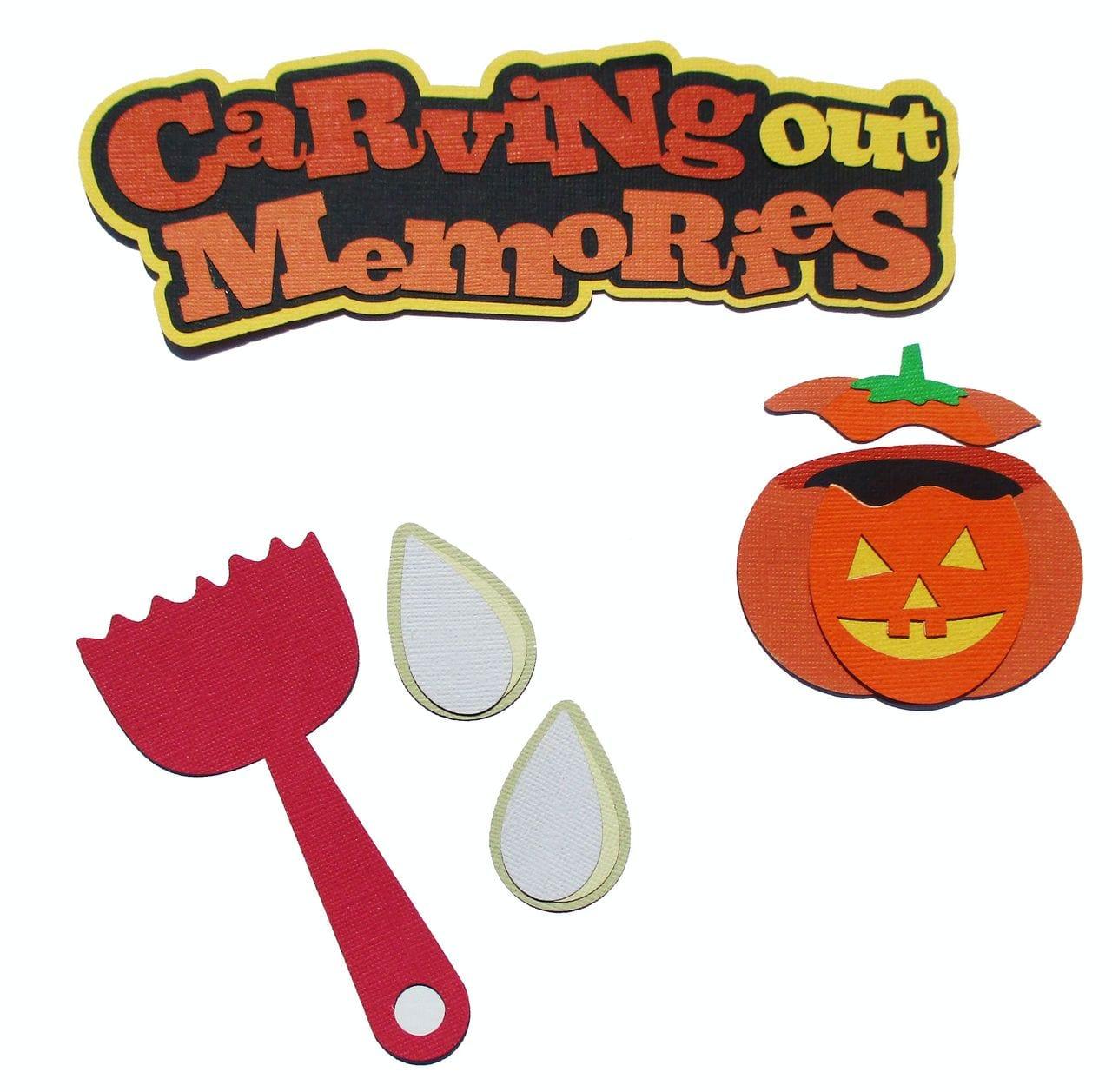 Carving Out Memories 2.5 x 8 Title, Pumpkin, Seeds, Carving Spoon 5-Piece Set Fully-Assembled Laser Cut Scrapbook Embellishment by SSC Laser Designs