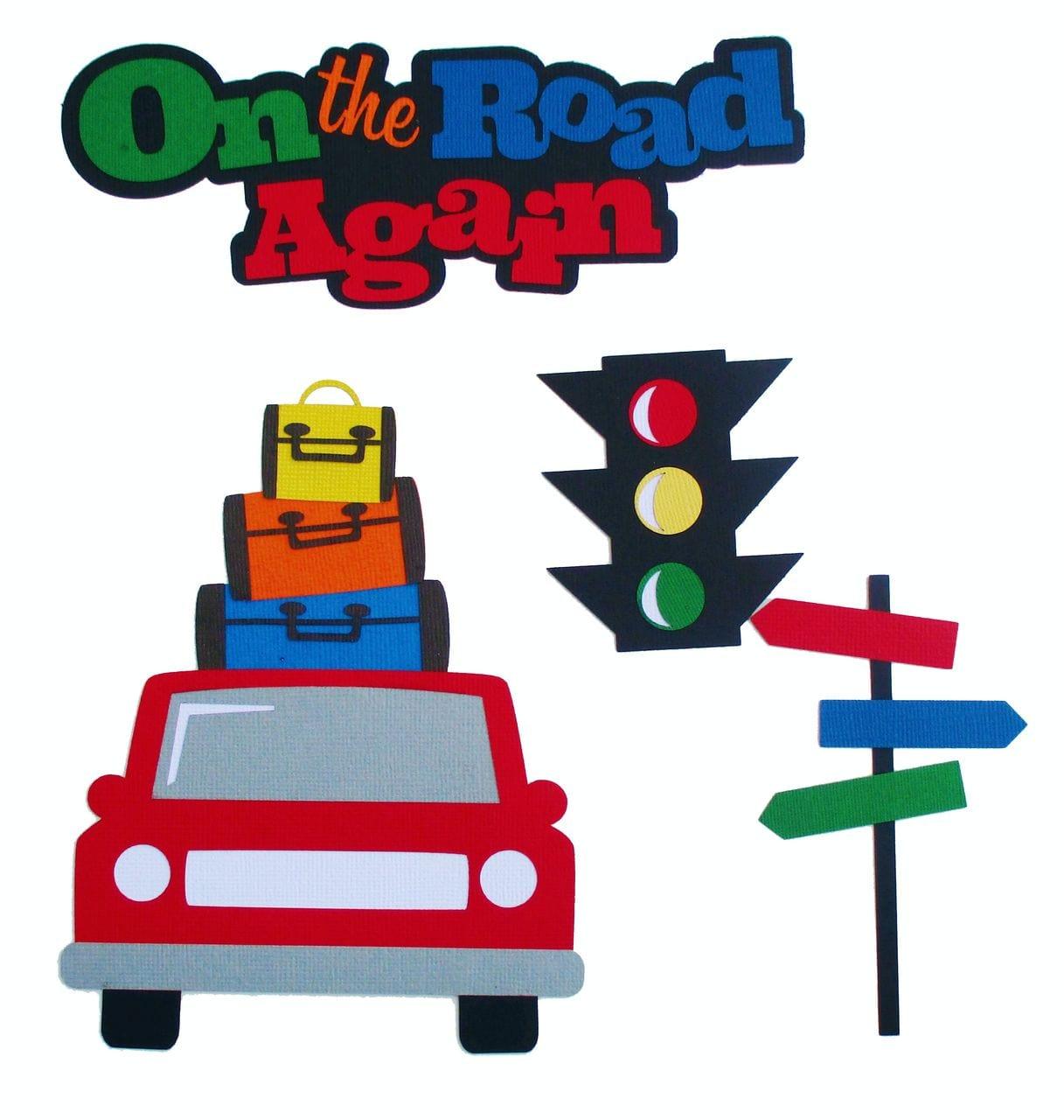 On The Road Again 3 x 7 Title, Car with Luggage, Stop Light & Street Signs 4-Piece Set Fully-Assembled Laser Cut Scrapbook Embellishment by SSC Laser Designs