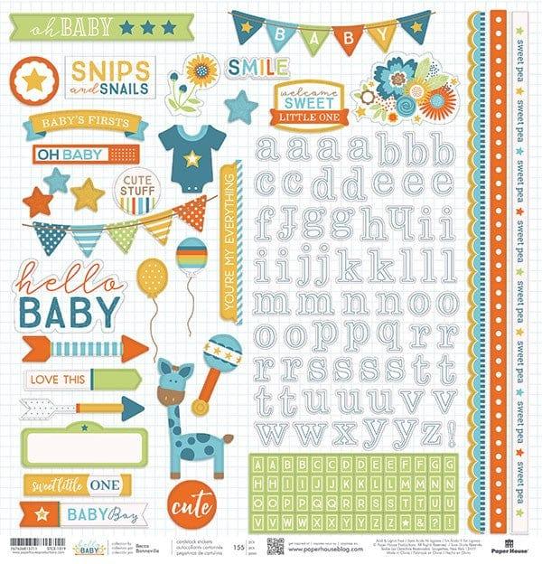 Hello Baby Collection Blue Boy 12 x 12 Scrapbook Sticker Sheet by Paper House Productions - Scrapbook Supply Companies