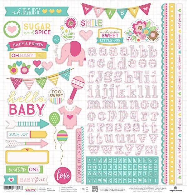 Hello Baby Collection Pink Girl 12 x 12 Scrapbook Sticker Sheet by Paper House Productions - Scrapbook Supply Companies